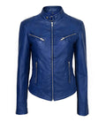 Women’s Blue Leather Jacket with Four Pockets