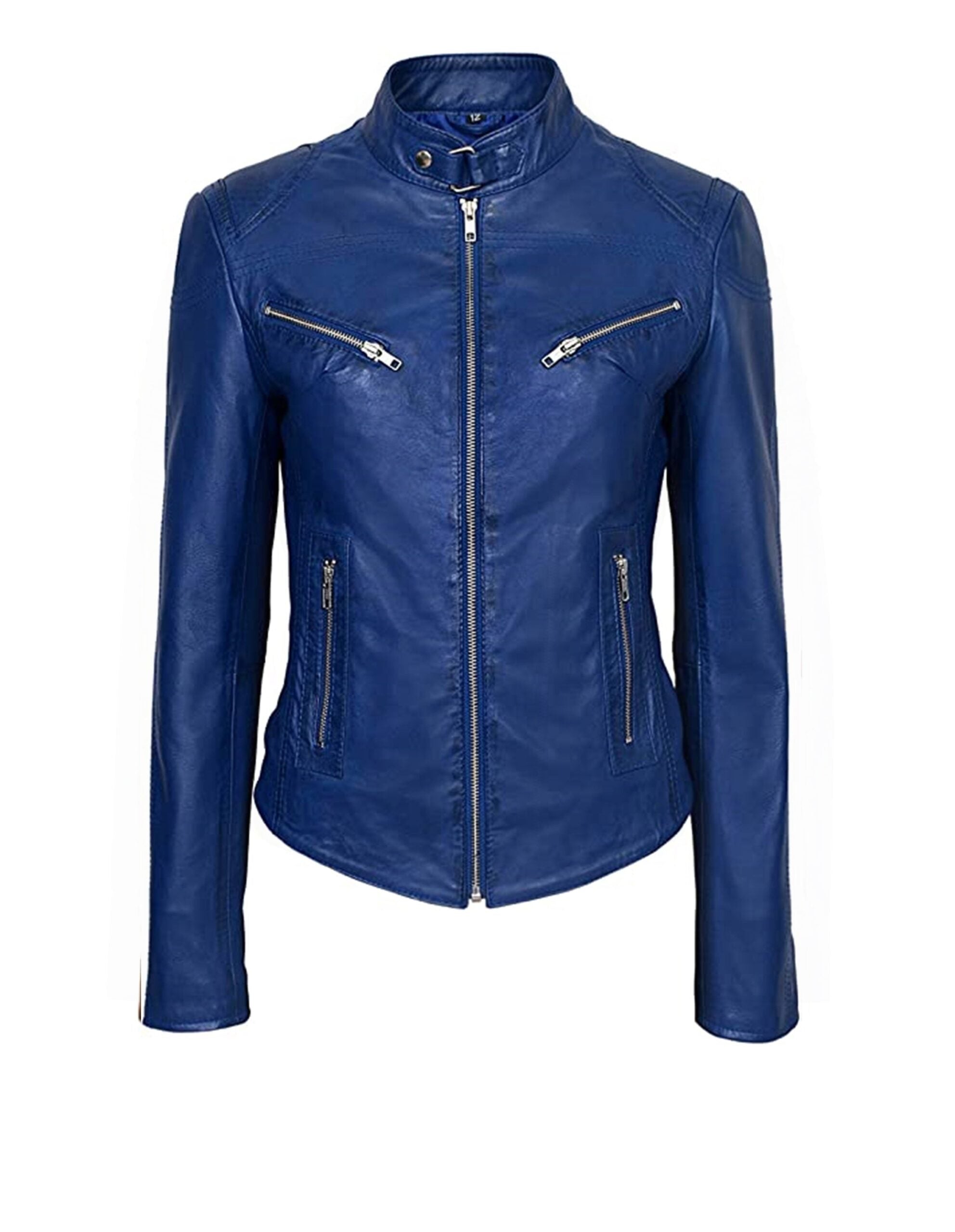 Women’s Blue Leather Jacket with Four Pockets