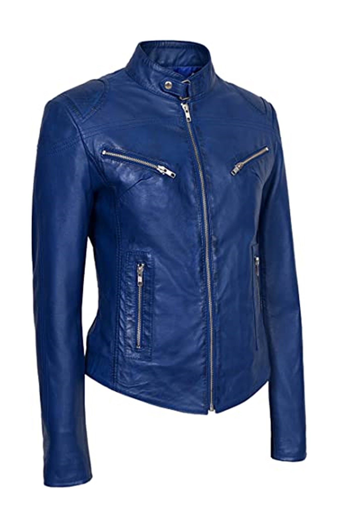 Women’s Blue Leather Jacket with Four Pockets